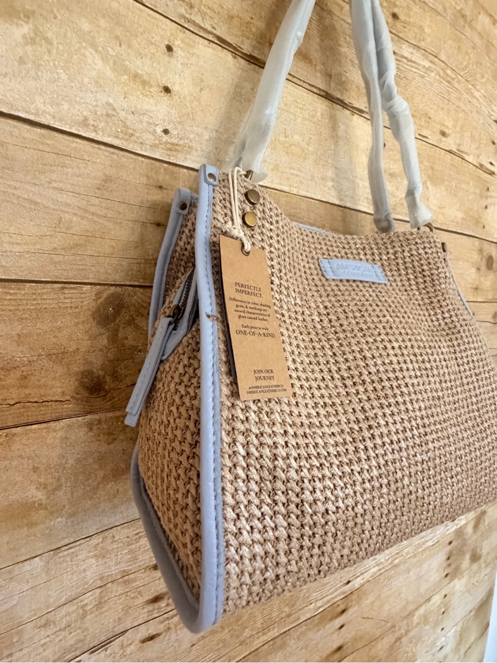 American Leather Co Triple Entry Raffia Satchel - Sea Breeze NWT - Picture 5 of 9